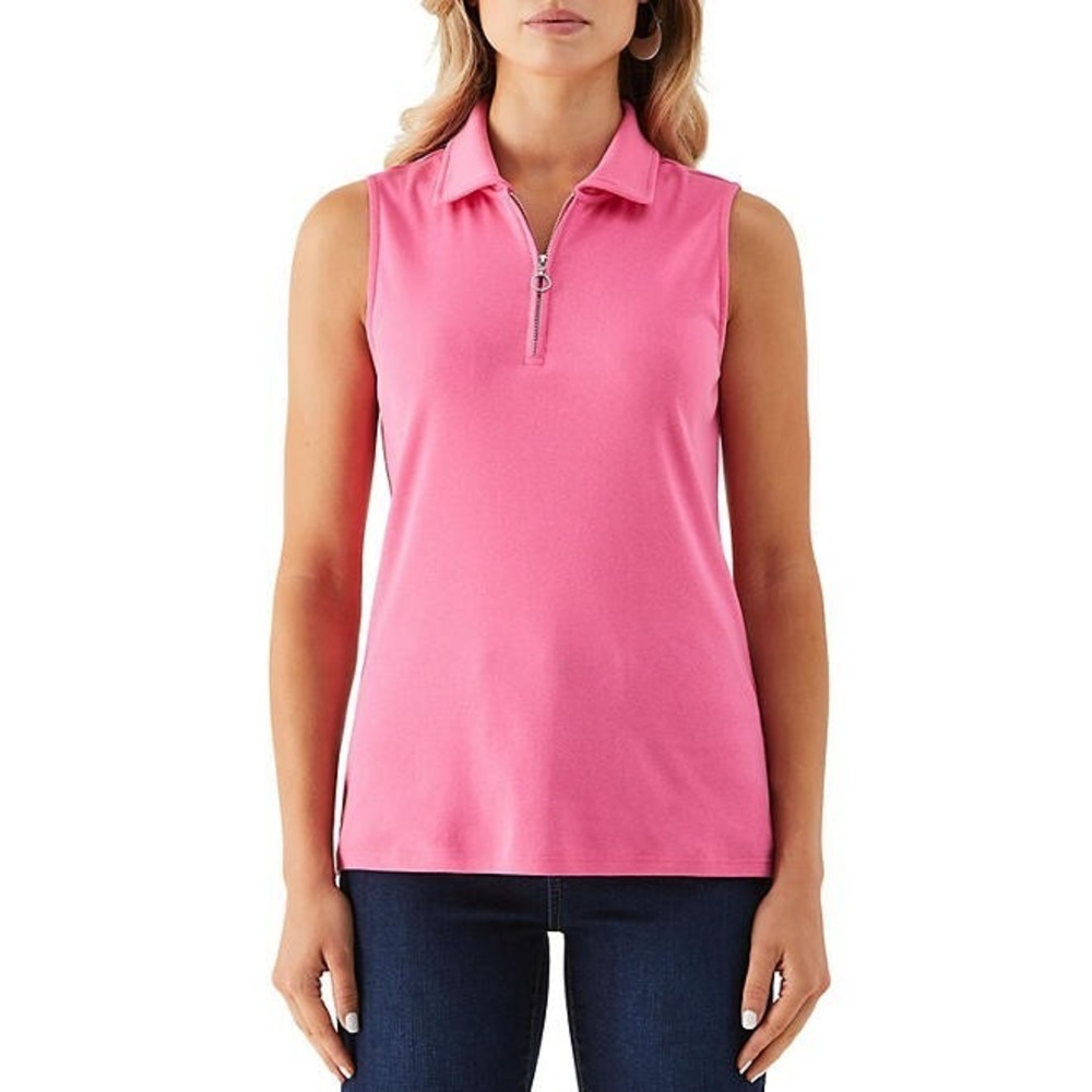 Rafaella Womens Sleeveless Polo Shirt Size L Carmine Rose Pink Zip Neck Rib Knit